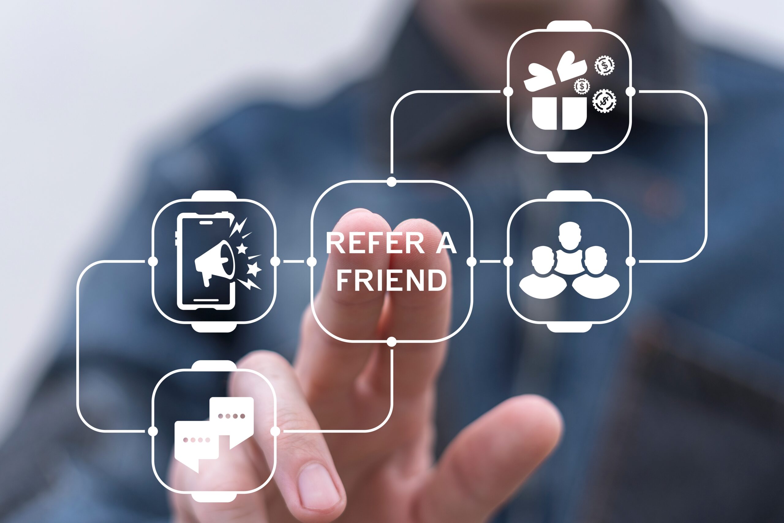 Man,Using,Virtual,Screen,Presses,Text:,Refer,A,Friend.,Referral